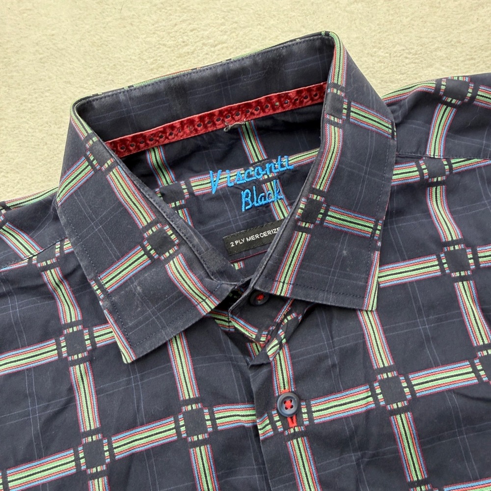 Visconti Black Button Down Men L Navy Multi Color Plaid 2 Ply Mercerized Cotton